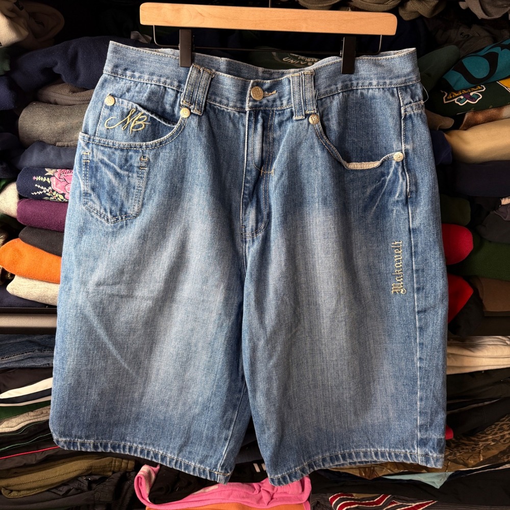 Makaveli Branded Mens Baggy‎ Denim Shorts Light Wash Embroidered Size 38 2Pac
